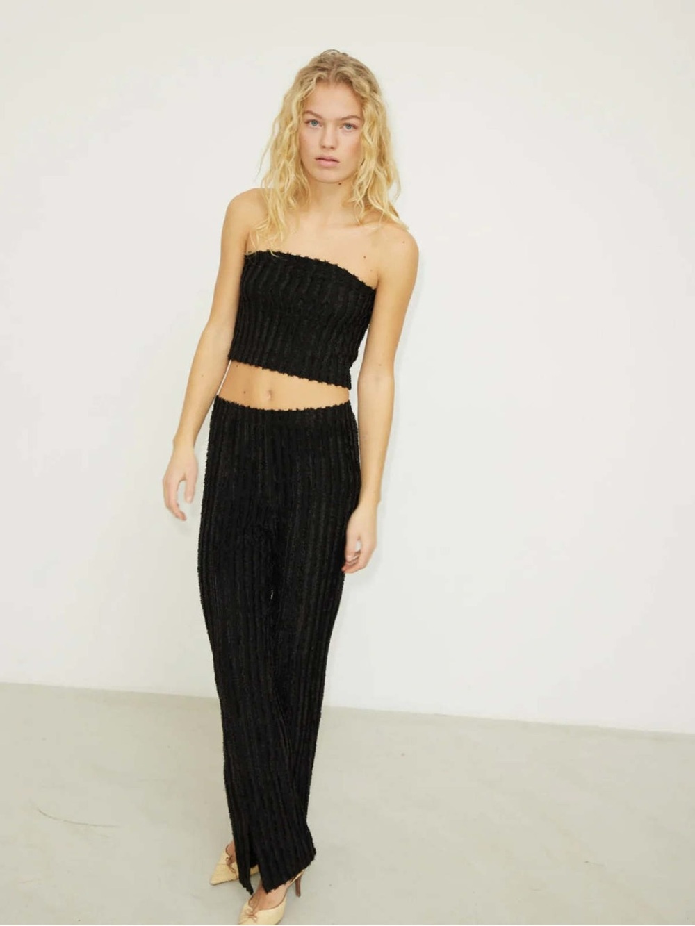 Hosbjerg Pucca Black Textured Stripe Tube Top & Pants Set